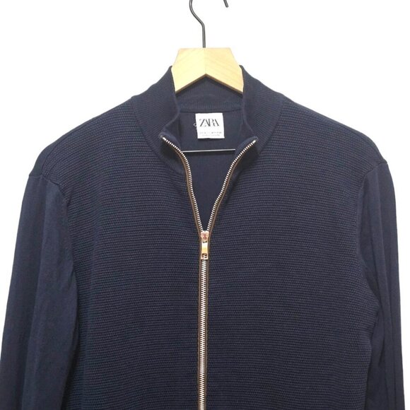Zara Navy Mock Neck Ribbed Knit Long Sleeve Lightweight Zip Jacket Sz M - Picture 3 of 6
